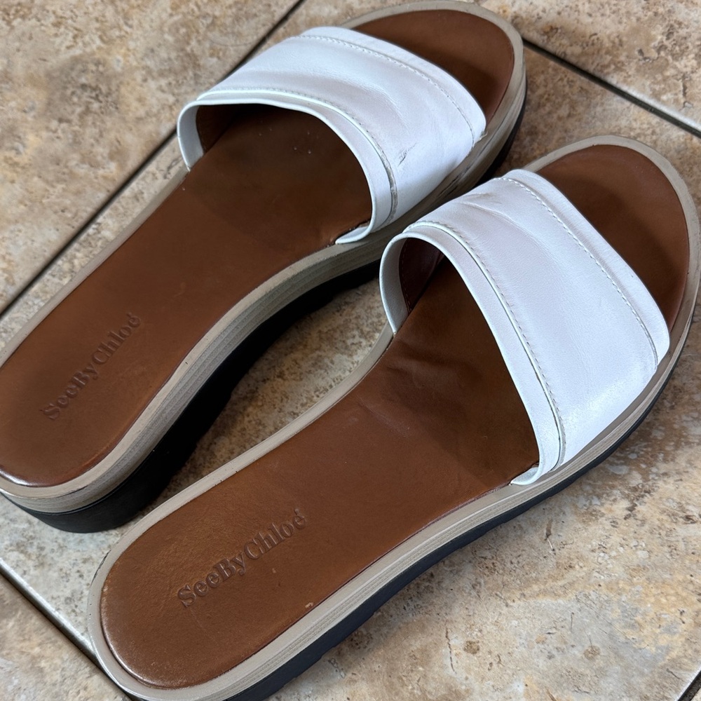 See By Chloe White and Brown Slide Sandals